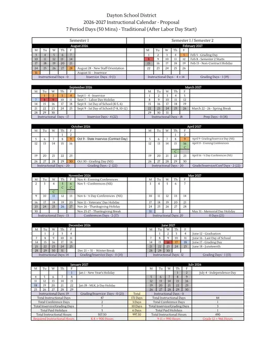 Dayton School District 2026–2027 Academic Calendar