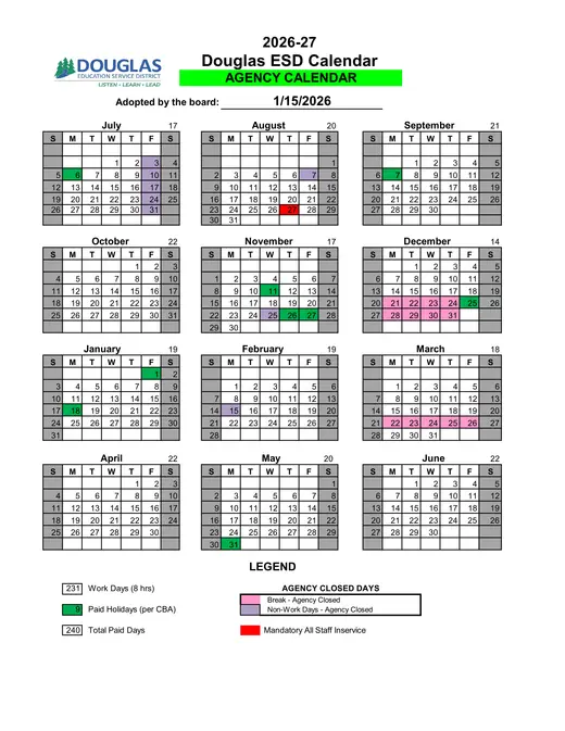 Douglas ESD 2026–2027 Academic Calendar