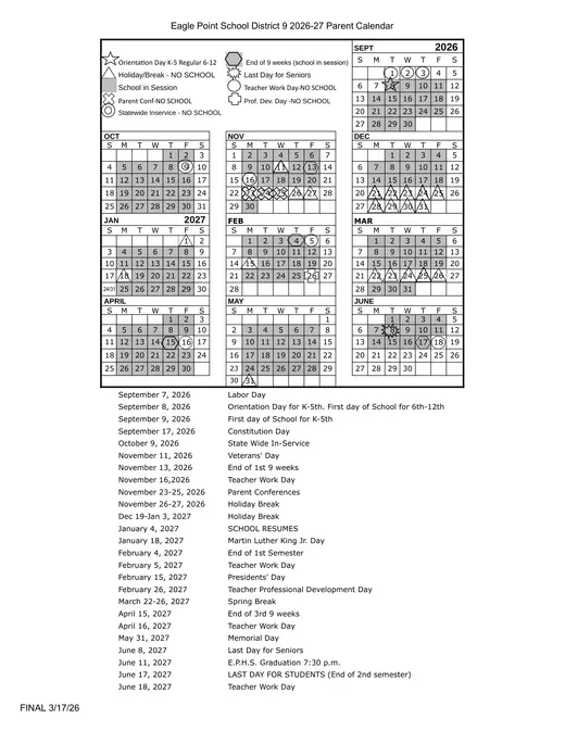 Eagle Point School District 9 2026–2027 Academic Calendar Page 1
