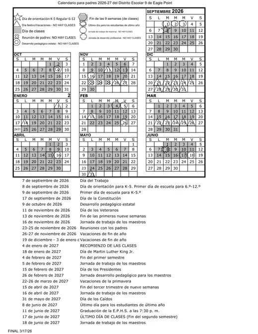 Eagle Point School District 9 2026–2027 Academic Calendar Page 2