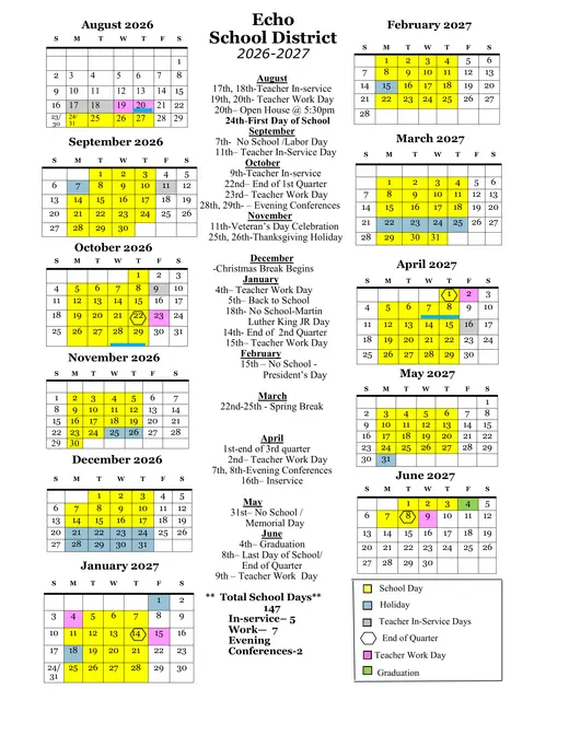 Echo School District 2026–2027 Academic Calendar