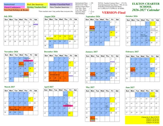 Elkton Charter School 2026–2027 Academic Calendar