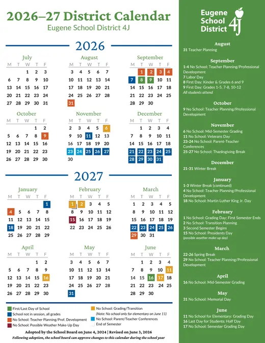 Eugene School District 4J 2026–2027 Academic Calendar