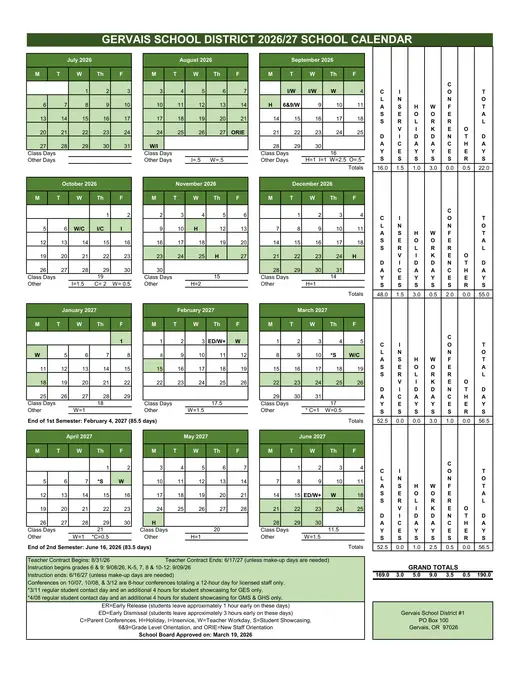 Gervais School District 2026–2027 Academic Calendar