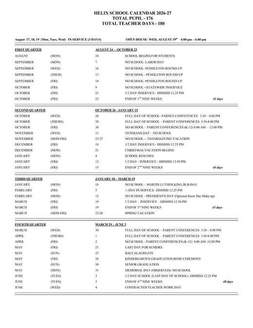 Helix School 2026–2027 Academic Calendar