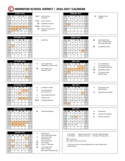 Hermiston School District 2026–2027 Academic Calendar