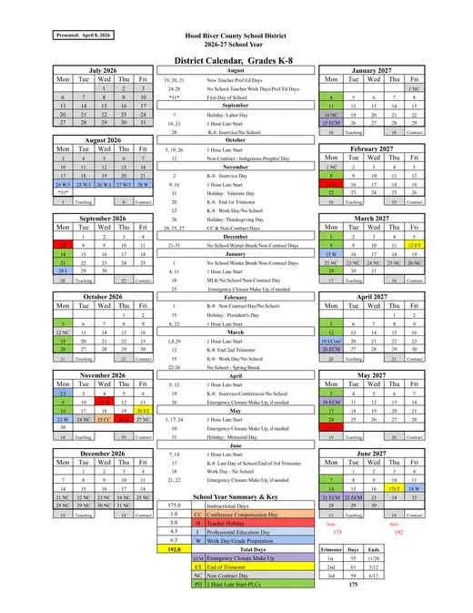 Hood River County School District 2026–2027 Academic Calendar Page 1