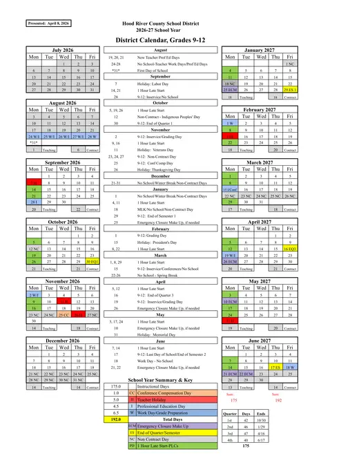 Hood River County School District 2026–2027 Academic Calendar Page 2