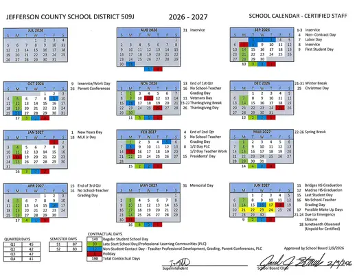 Jefferson County School District 509J 2026–2027 Academic Calendar