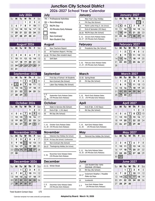 Junction City School District 2026–2027 Academic Calendar