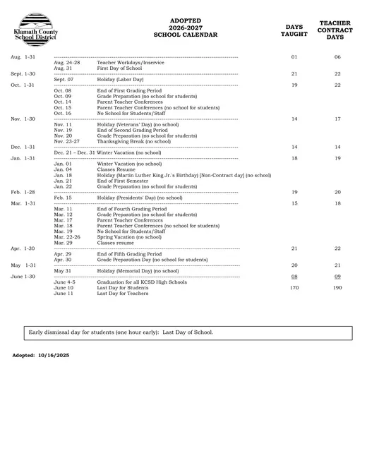 Klamath County School District 2026–2027 Academic Calendar