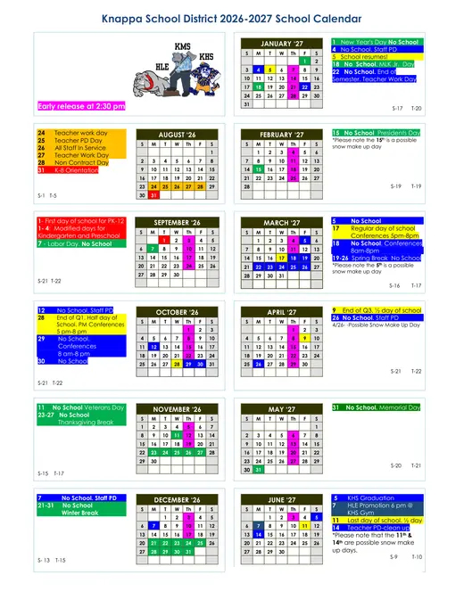 Knappa School District 2026–2027 Academic Calendar