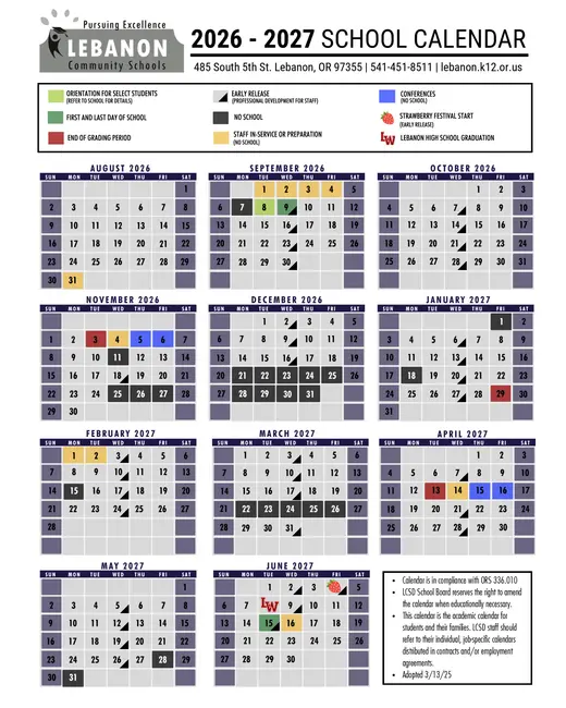 Lebanon Community Schools 2026–2027 Academic Calendar