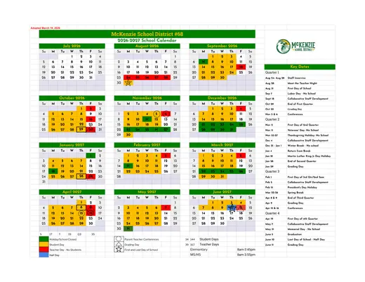 McKenzie School District #68 2026–2027 Academic Calendar