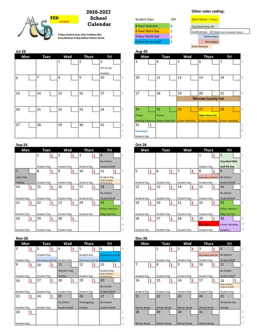 MCSD 2026–2027 Academic Calendar Page 1