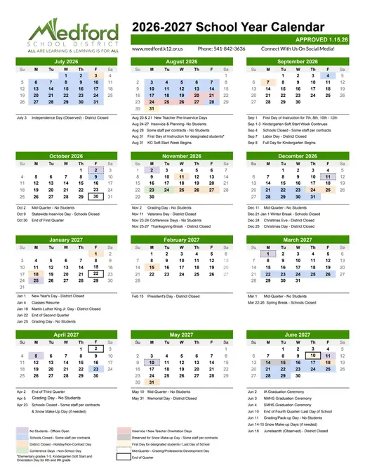 Medford School District 2026–2027 Academic Calendar