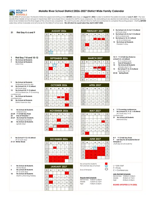 Molalla River School District 2026–2027 Academic Calendar
