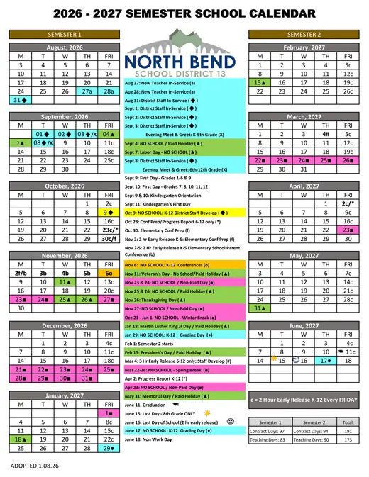 North Bend School District 13 2026–2027 Academic Calendar