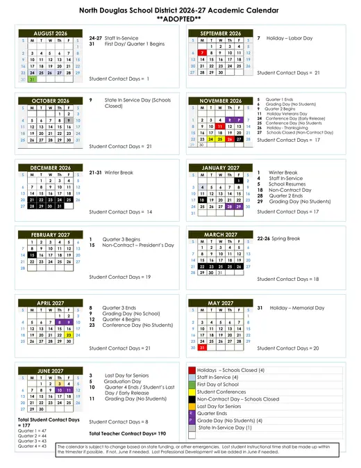 North Douglas School District 2026–2027 Academic Calendar