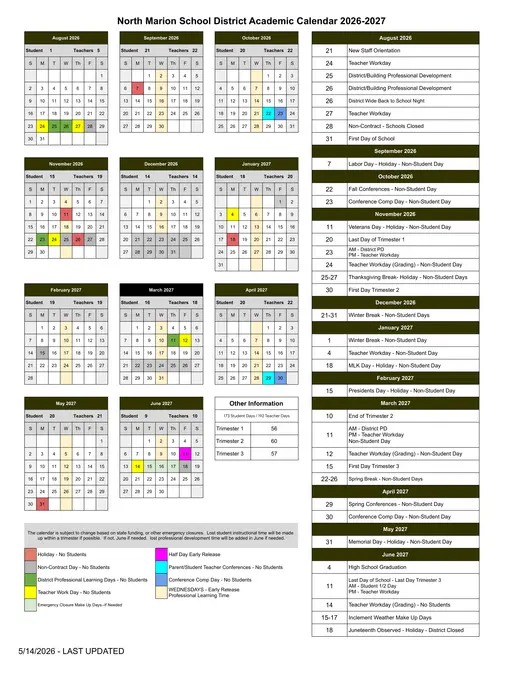 North Marion School District 2027–2028 Academic Calendar Page 1