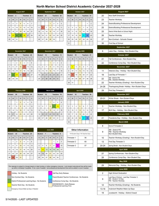 North Marion School District 2027–2028 Academic Calendar Page 2