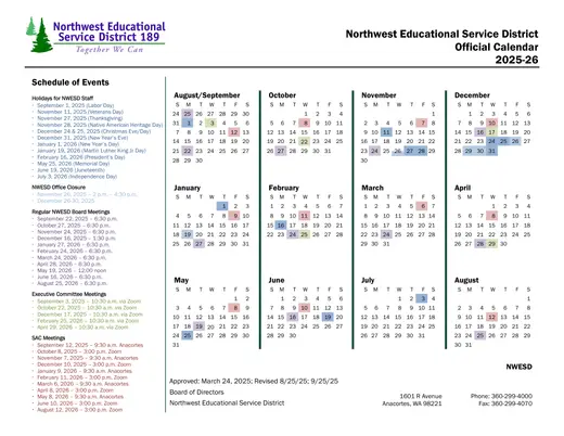 Northwest Educational Service District 2025–2026 Academic Calendar