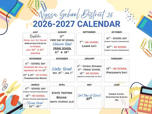 Nyssa School District 26 2026–2027 Academic Calendar Page 1