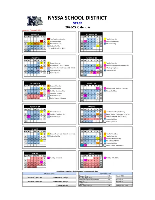 Nyssa School District 26 2026–2027 Academic Calendar Page 3