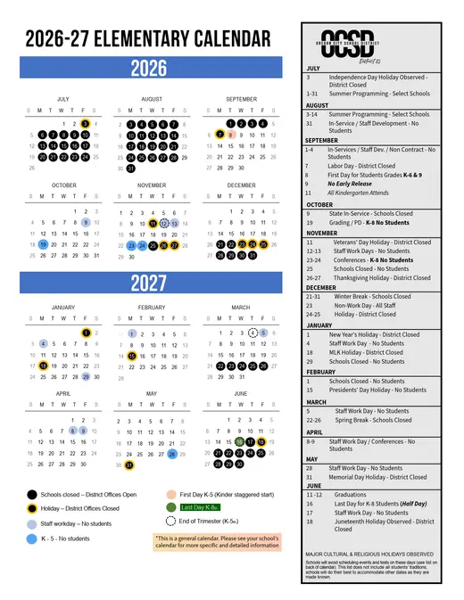 Oregon City School District 2026–2027 Academic Calendar Page 2