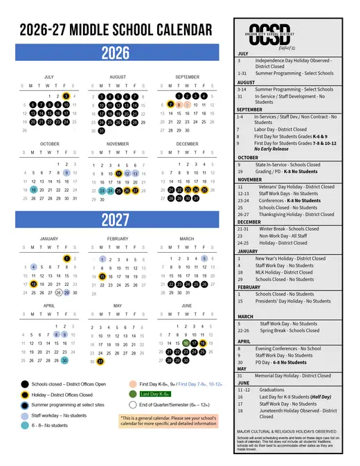 Oregon City School District 2026–2027 Academic Calendar Page 3