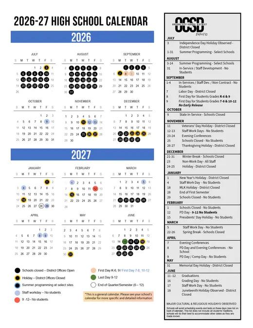 Oregon City School District 2026–2027 Academic Calendar Page 4