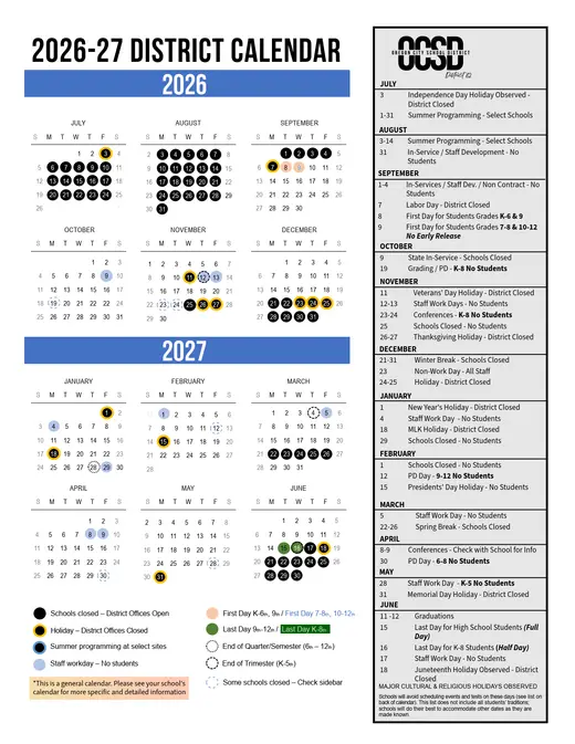 Oregon City School District 2026–2027 Academic Calendar Page 1