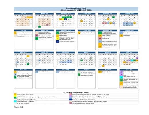 Phoenix Talent Schools 2026–2027 Academic Calendar Page 1