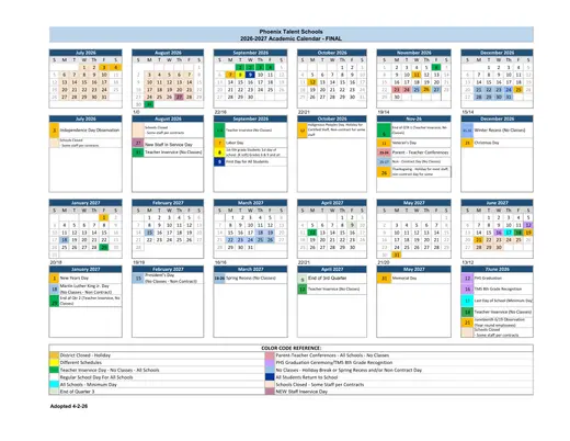 Phoenix Talent Schools 2026–2027 Academic Calendar Page 2