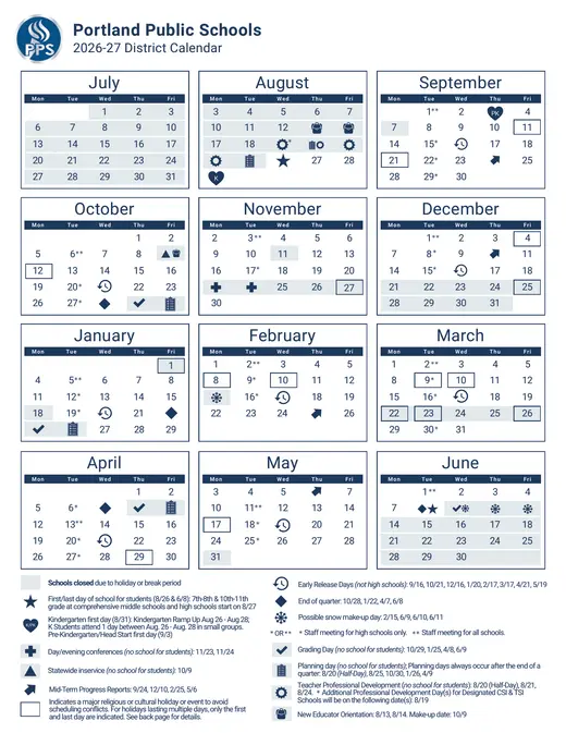 Portland Public Schools 2026–2027 Academic Calendar Page 1