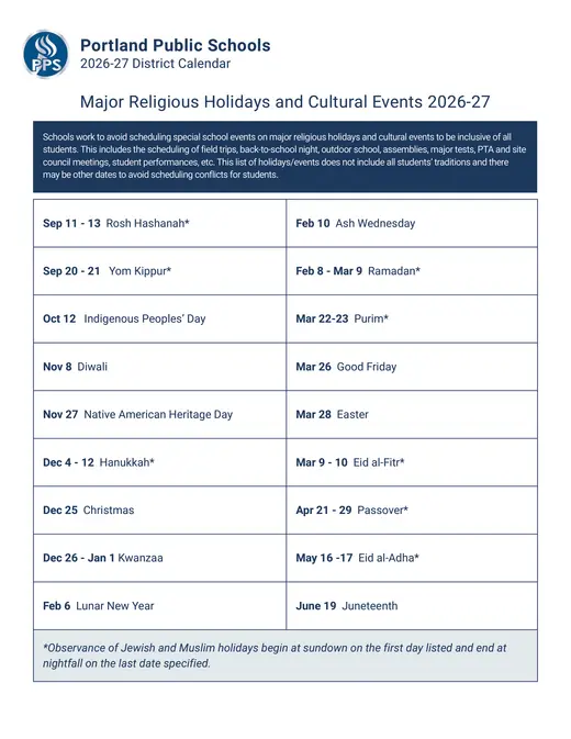 Portland Public Schools 2026–2027 Academic Calendar Page 2