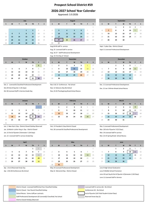 Prospect School District #59 2026–2027 Academic Calendar
