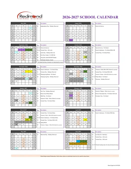 Redmond School District 2026–2027 Academic Calendar