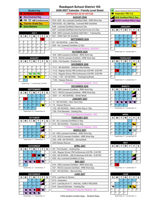 Reedsport School District 105 2026–2027 Academic Calendar