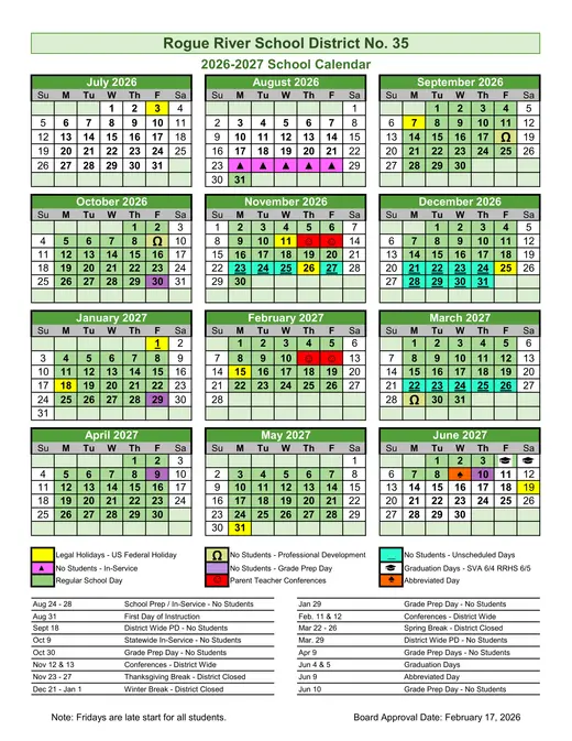 Rogue River School District No. 35 2026–2027 Academic Calendar