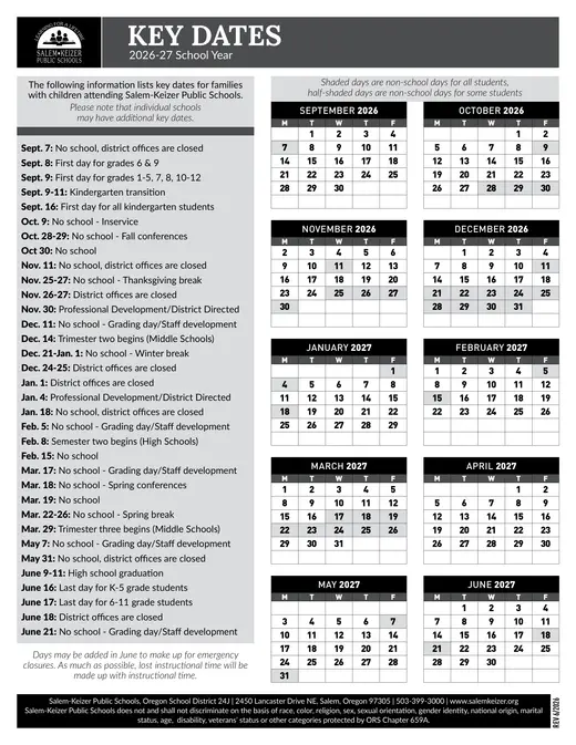 Salem-Keizer Public Schools 2026–2027 Academic Calendar