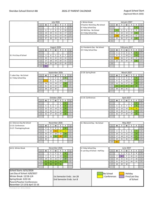 Sheridan School District 48J 2026–2027 Academic Calendar