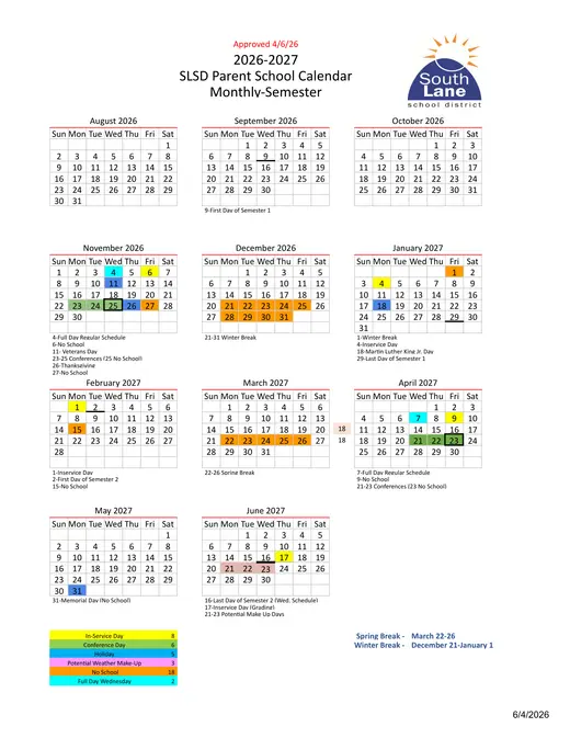 South Lane School District 2026–2027 Academic Calendar