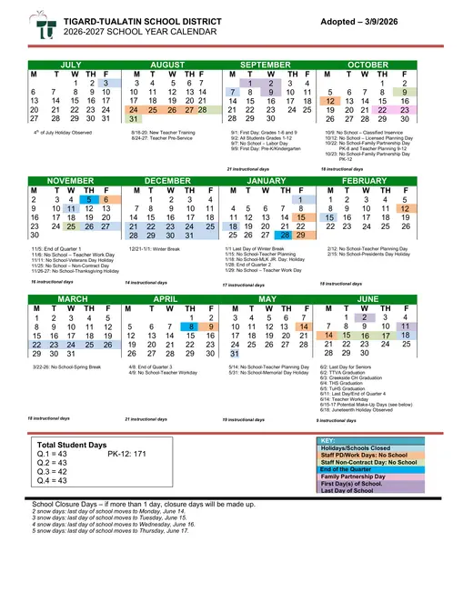 Tigard-Tualatin School District 2026–2027 Academic Calendar Page 1