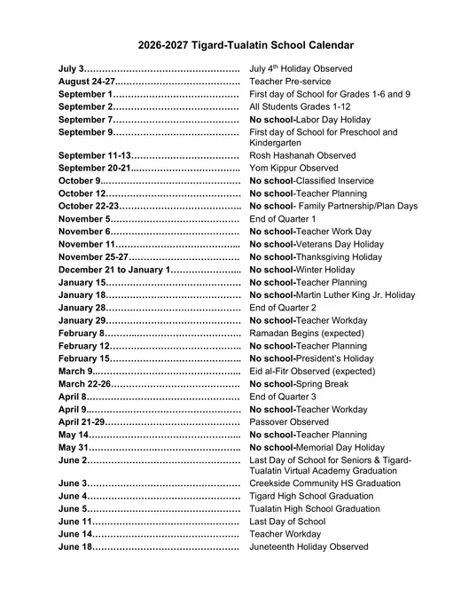 Tigard-Tualatin School District 2026–2027 Academic Calendar Page 2