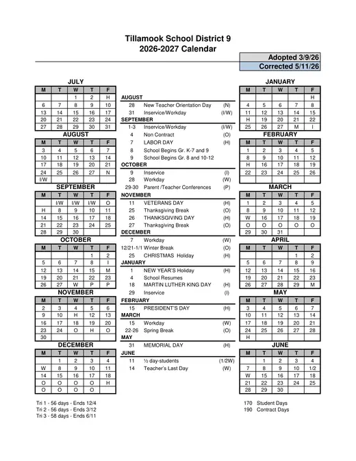 Tillamook School District 9 2026–2027 Academic Calendar