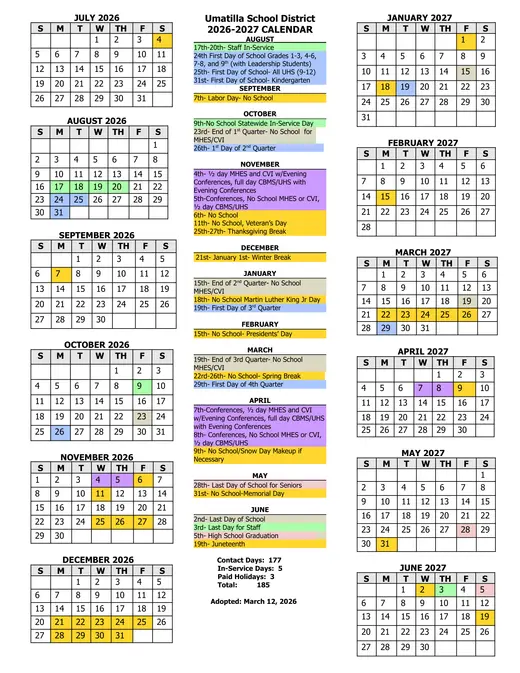 Umatilla School District 2026–2027 Academic Calendar