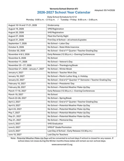Vernonia School District 47J 2026–2027 Academic Calendar