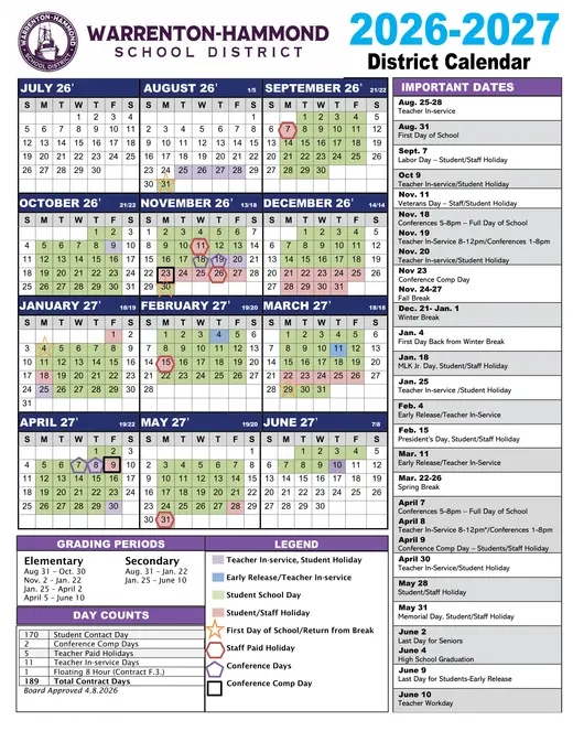 Warrenton-Hammond School District 2026–2027 Academic Calendar Page 1