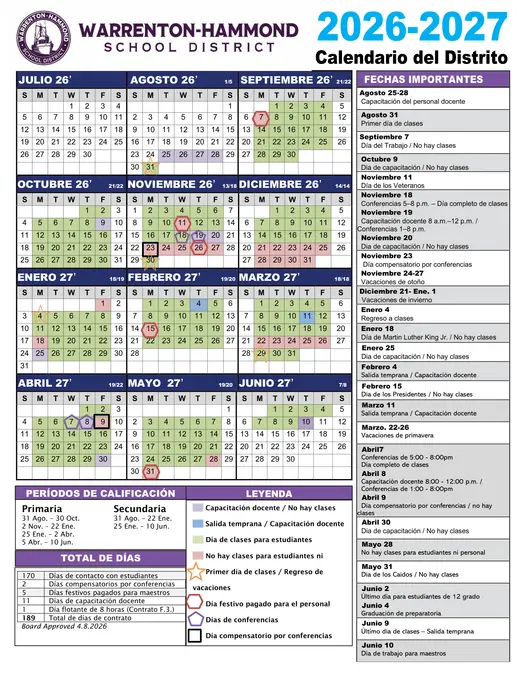 Warrenton-Hammond School District 2026–2027 Academic Calendar Page 2